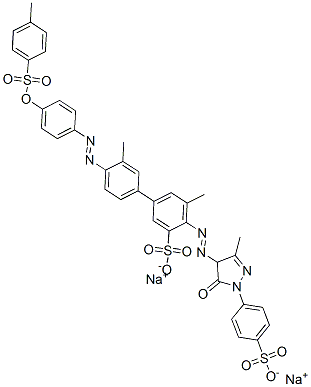 4-[[[4,5-ジヒドロ-3-メチル-5-オキソ-1-(4-スルホフェニル)-1H-ピラゾール]-4-イル]アゾ]-3',5-ジメチル-4'-[[4-[[(4-メチルフェニル)スルホニル]オキシ]フェニル]アゾ][1,1'-ビフェニル]-3-スルホン酸ジナトリウム 化学構造式