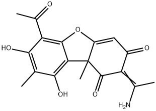 6-アセチル-2-(1-アミノエチリデン)-7,9-ジヒドロキシ-8,9b-ジメチル-1,3(2H,9bH)-ジベンゾフランジオン 化学構造式