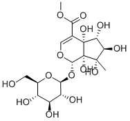 (1S)-1α-(β-D-グルコピラノシルオキシ)-1,4a,5,6,7,7aα-ヘキサヒドロ-4aα,5α,6α,7α-テトラヒドロキシ-7-メチルシクロペンタ[c]ピラン-4-カルボン酸メチル 化学構造式