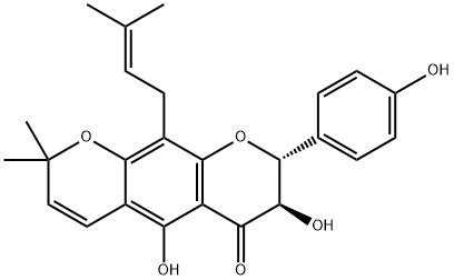 (2R)-3β,5-ジヒドロキシ-2α-(4-ヒドロキシフェニル)-8,8-ジメチル-10-(3-メチル-2-ブテニル)-2H,8H-ベンゾ[1,2-b:5,4-b']ジピラン-4(3H)-オン 化学構造式
