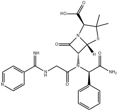 (6R)-6-[[(R)-フェニル[[[(イミノ)(4-ピリジニル)メチルアミノ]アセチル]アミノ]アセチル]アミノ]ペニシラン酸 化学構造式