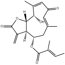 (E)-2-メチル-2-ブテン酸[(3aR,4S,6E,9Z,11S,11aS)-2,3,3a,4,5,8,11,11a-オクタヒドロ-11-ヒドロキシ-6,10-ジメチル-3-メチレン-2,8-ジオキソシクロデカ[b]フラン-4-イル] 化学構造式