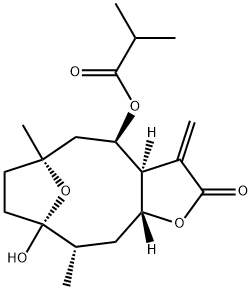 2-メチルプロパン酸(3aS,4R,6S,9R,10S,11aR)-ドデカヒドロ-9-ヒドロキシ-6,10-ジメチル-3-メチレン-2-オキソ-6,9-エポキシシクロデカ[b]フラン-4-イル 化学構造式