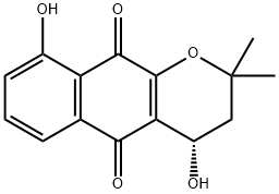 [S,(+)]-3,4-ジヒドロ-4,9-ジヒドロキシ-2,2-ジメチル-2H-ナフト[2,3-b]ピラン-5,10-ジオン 化学構造式