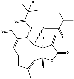2-ヒドロキシ-2-メチルプロピオン酸(3aS,4S,5S,11aR,6E,10E)-6-ホルミル-2,3,3a,4,5,8,9,11a-オクタヒドロ-10-メチル-3-メチレン-4-(2-メチル-1-オキソプロポキシ)-2-オキソシクロデカ[b]フラン-5-イル 化学構造式