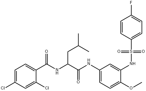 Benzamide, 2,4-dichloro-N-[1-[[[3-[[(4-fluorophenyl)sulfonyl]amino]-4-methoxyphenyl]amino]carbonyl]-3-methylbutyl]- (9CI) 化学構造式