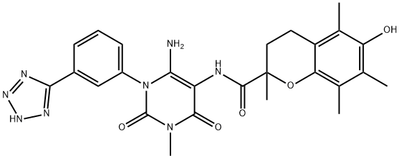 2H-1-Benzopyran-2-carboxamide,  N-[6-amino-1,2,3,4-tetrahydro-3-methyl-2,4-dioxo-1-[3-(1H-tetrazol-5-yl)phenyl]-5-pyrimidinyl]-3,4-dihydro-6-hydroxy- Structure