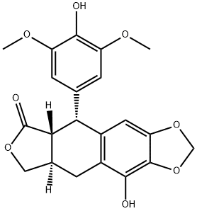 (5R)-5,8,8aβ,9-テトラヒドロ-10-ヒドロキシ-5-(4-ヒドロキシ-3,5-ジメトキシフェニル)フロ[3',4':6,7]ナフト[2,3-d]-1,3-ジオキソール-6(5aαH)-オン 化学構造式