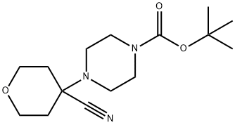 tert-Butyl 4-(4-cyanotetrahydro-2H-pyran-4-yl)-tetrahydro-1(2H)-pyrazinecarboxylate Struktur