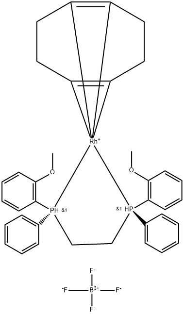 四氟硼酸(R,R)-(-)-1,2-双[(O-甲氧苯基)(苯基)瞵]乙烷(1,5-环辛二烯)合铑(I) 结构式