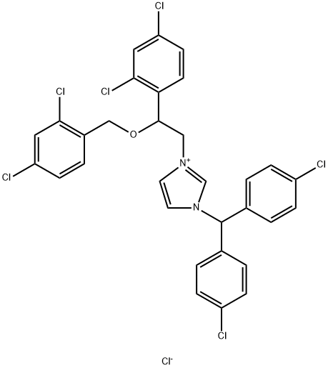 1-[ビス(4-クロロフェニル)メチル]-3-[2-(2,4-ジクロロフェニル)-2-[(2,4-ジクロロフェニル)メトキシ]エチル]-1H-イミダゾール-3-イウム·クロリド 化学構造式