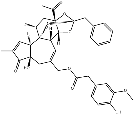 6-O,7-セコ-5,6-ジデオキシ-6,7-ジデヒドロ-20-O-[(4-ヒドロキシ-3-メトキシフェニル)アセチル]-21-デフェニル-21-ベンジルダフネトキシン 化学構造式