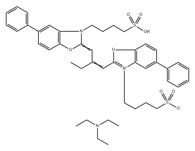 5-フェニル-2-[2-[[5-フェニル-3-(4-スルホブチル)ベンゾオキサゾール-2(3H)-イリデン]メチル]-1-ブテニル]-3-(4-スルホナトブチル)ベンゾオキサゾール-3-イウム・N,N-ジエチルエタンアミン 化学構造式