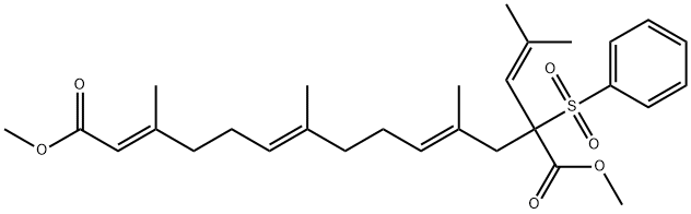 (2E,6E,10E)-3,7,11-Trimethyl-13-(2-methyl-1-propenyl)-13-(phenylsulfonyl)-2,6,10-tetradecatrienedioic acid dimethyl ester Struktur