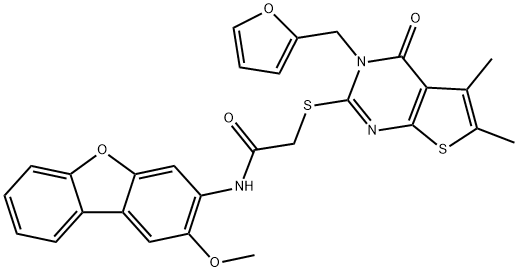 Acetamide, 2-[[3-(2-furanylmethyl)-3,4-dihydro-5,6-dimethyl-4-oxothieno[2,3-d]pyrimidin-2-yl]thio]-N-(2-methoxy-3-dibenzofuranyl)- (9CI) Structure