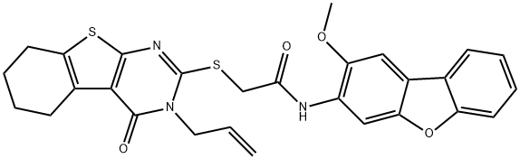 Acetamide, 2-[[3,4,5,6,7,8-hexahydro-4-oxo-3-(2-propenyl)[1]benzothieno[2,3-d]pyrimidin-2-yl]thio]-N-(2-methoxy-3-dibenzofuranyl)- (9CI) 结构式