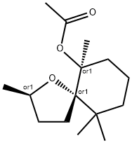 rel-(5S*,6S*)-2α*,6,10,10-テトラメチル-1-オキサスピロ[4.5]デカン-6-オールアセタート 化学構造式
