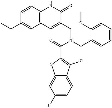 Benzo[b]thiophene-2-carboxamide, 3-chloro-N-[(6-ethyl-1,2-dihydro-2-oxo-3-quinolinyl)methyl]-6-fluoro-N-[(2-methoxyphenyl)methyl]- (9CI) Structure