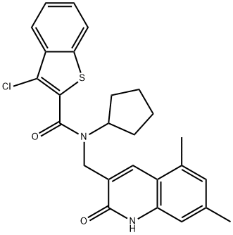 Benzo[b]thiophene-2-carboxamide, 3-chloro-N-cyclopentyl-N-[(1,2-dihydro-5,7-dimethyl-2-oxo-3-quinolinyl)methyl]- (9CI) 结构式