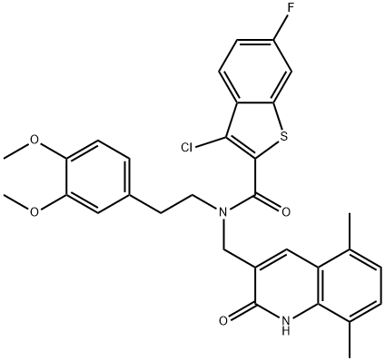 Benzo[b]thiophene-2-carboxamide, 3-chloro-N-[(1,2-dihydro-5,8-dimethyl-2-oxo-3-quinolinyl)methyl]-N-[2-(3,4-dimethoxyphenyl)ethyl]-6-fluoro- (9CI) 结构式