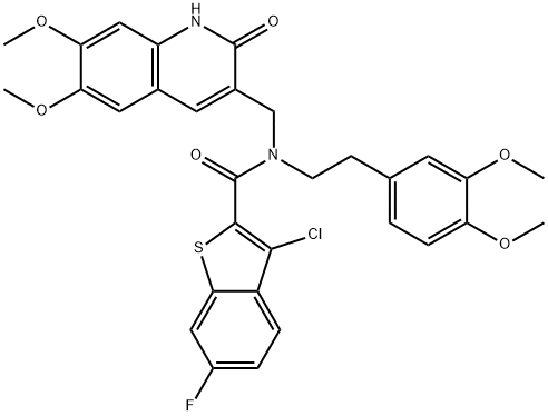 Benzo[b]thiophene-2-carboxamide, 3-chloro-N-[(1,2-dihydro-6,7-dimethoxy-2-oxo-3-quinolinyl)methyl]-N-[2-(3,4-dimethoxyphenyl)ethyl]-6-fluoro- (9CI) 结构式