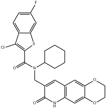 Benzo[b]thiophene-2-carboxamide, 3-chloro-N-cyclohexyl-6-fluoro-N-[(2,3,6,7-tetrahydro-7-oxo-1,4-dioxino[2,3-g]quinolin-8-yl)methyl]- (9CI),579518-20-0,结构式