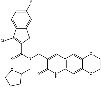 Benzo[b]thiophene-2-carboxamide, 3-chloro-6-fluoro-N-[(tetrahydro-2-furanyl)methyl]-N-[(2,3,6,7-tetrahydro-7-oxo-1,4-dioxino[2,3-g]quinolin-8-yl)methyl]- (9CI),579518-30-2,结构式