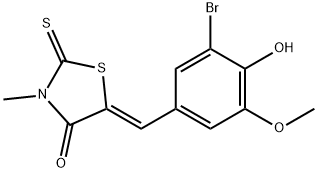 (5Z)-5-(3-ブロモ-4-ヒドロキシ-5-メトキシベンジリデン)-3-メチル-2-チオキソ-1,3-チアゾリジン-4-オン 化学構造式