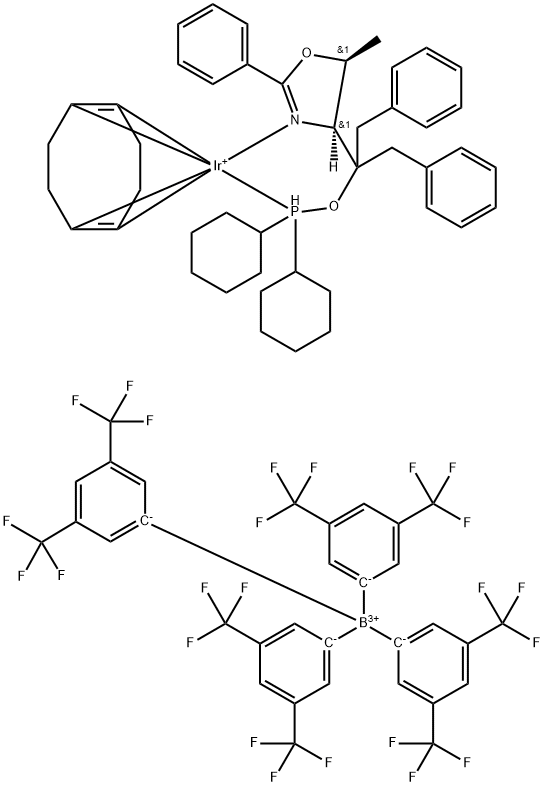 ((4S,5S)-(-)-O-[1-苄基-1-(5-甲基-2-苯基-4,5-二氢恶唑-4-基)-2-苯基乙基]-二环己基磷)(1,5-COD)铱 (I) 四三(3,5-双(三氟甲基)苯硼酸 结构式