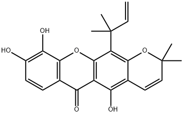 12-(1,1-ジメチル-2-プロペニル)-5,9,10-トリヒドロキシ-2,2-ジメチル-2H,6H-ピラノ[3,2-b]キサンテン-6-オン 化学構造式