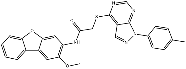 Acetamide, N-(2-methoxy-3-dibenzofuranyl)-2-[[1-(4-methylphenyl)-1H-pyrazolo[3,4-d]pyrimidin-4-yl]thio]- (9CI) Struktur