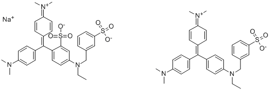 N-[4-[[4-[N-エチル-N-(3-ソジオスルホベンジル)アミノ]-2-スルホナトフェニル][4-(ジメチルアミノ)フェニル]メチレン]-2,5-シクロヘキサジエン-1-イリデン]-N-メチルメタンアミニウム 化学構造式