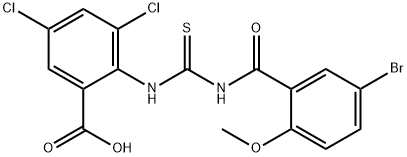 2-[[[(5-BROMO-2-METHOXYBENZOYL)AMINO]THIOXOMETHYL]AMINO]-3,5-DICHLORO-BENZOIC ACID,586391-91-5,结构式