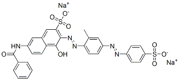 disodium 7-(benzoylamino)-4-hydroxy-3-[[2-methyl-4-[(4-sulphonatophenyl)azo]phenyl]azo]naphthalene-2-sulphonate Struktur