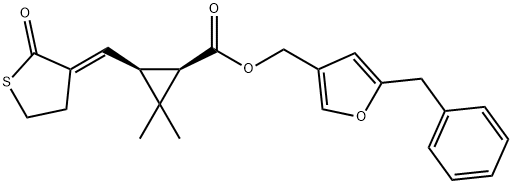 (1R,3S)-3-[[(E)-4,5-ジヒドロ-2-オキソチオフェン-3(2H)-イリデン]メチル]-2,2-ジメチルシクロプロパンカルボン酸(5-ベンジル-3-フリル)メチル 化学構造式