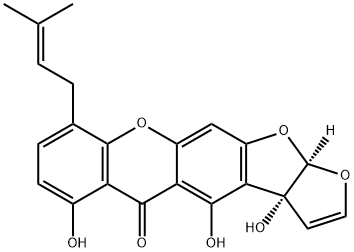 (3aR)-3a,12aα-ジヒドロ-3a,4,6-トリヒドロキシ-9-(3-メチル-2-ブテニル)-5H-フロ[3',2':4,5]フロ[3,2-b]キサンテン-5-オン 化学構造式