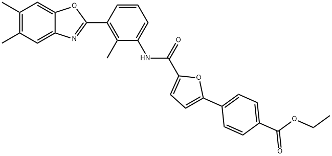 Benzoic acid, 4-[5-[[[3-(5,6-dimethyl-2-benzoxazolyl)-2-methylphenyl]amino]carbonyl]-2-furanyl]-, ethyl ester (9CI),590396-51-3,结构式