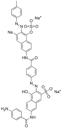 7-[(4-アミノベンゾイル)アミノ]-4-ヒドロキシ-3-[[4-[[5-ヒドロキシ-6-[(4-メチルフェニル)アゾ]-7-ソジオスルホ-2-ナフタレニル]アミノカルボニル]フェニル]アゾ]ナフタレン-2-スルホン酸ナトリウム 化学構造式