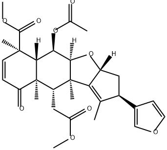 (17α)-6α-アセトキシ-7α,15β:21,23-ジエポキシ-4β,8-ジメチル-1-オキソ-18,24-ジノル-11,12-セコ-5α-コラ-2,13,20,22-テトラエン-4α,11-ジカルボン酸ジメチル 化学構造式