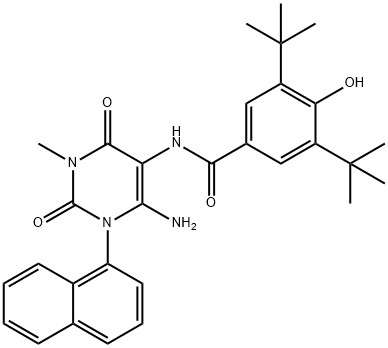 Benzamide,  N-[6-amino-1,2,3,4-tetrahydro-3-methyl-1-(1-naphthalenyl)-2,4-dioxo-5-pyrimidinyl]-3,5-bis(1,1-dimethylethyl)-4-hydroxy- Struktur