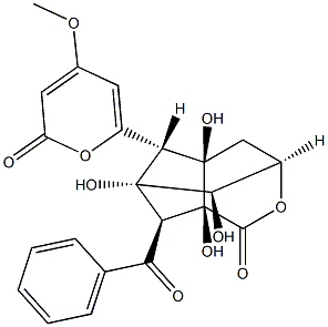 (3R,8R)-7α-ベンゾイルヘキサヒドロ-4aα,6α,7aα,8-テトラヒドロキシ-5β-(4-メトキシ-2-オキソ-2H-ピラン-6-イル)-3β,6β-メタノシクロペンタ[c]ピラン-1(3H)-オン 化学構造式