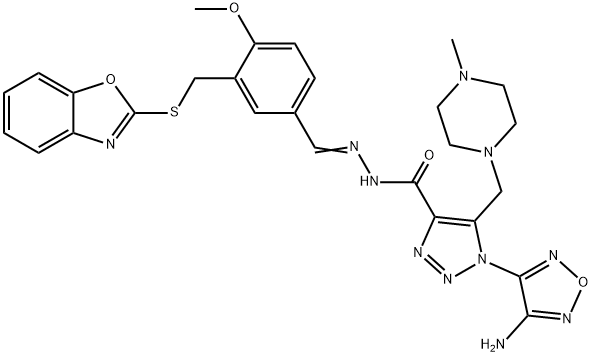 1H-1,2,3-Triazole-4-carboxylicacid,1-(4-amino-1,2,5-oxadiazol-3-yl)-5-[(4-methyl-1-piperazinyl)methyl]-,[[3-[(2-benzoxazolylthio)methyl]-4-methoxyphenyl]methylene]hydrazide(9CI),596831-52-6,结构式
