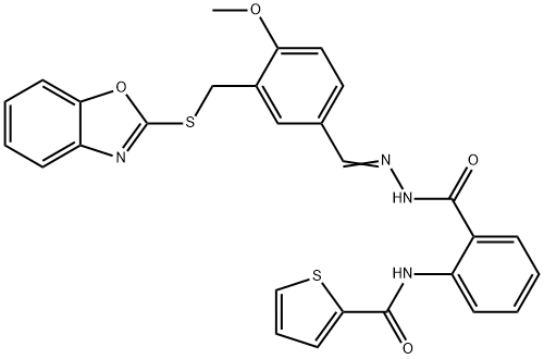 599166-09-3 Benzoic acid, 2-[(2-thienylcarbonyl)amino]-, [[3-[(2-benzoxazolylthio)methyl]-4-methoxyphenyl]methylene]hydrazide (9CI)