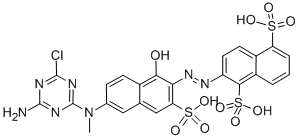 disodium hydrogen 2-[[6-[(4-amino-6-chloro-1,3,5-triazin-2-yl)methylamino]-1-hydroxy-3-sulphonato-2-naphthyl]azo]naphthalene-1,5-disulphonate Struktur