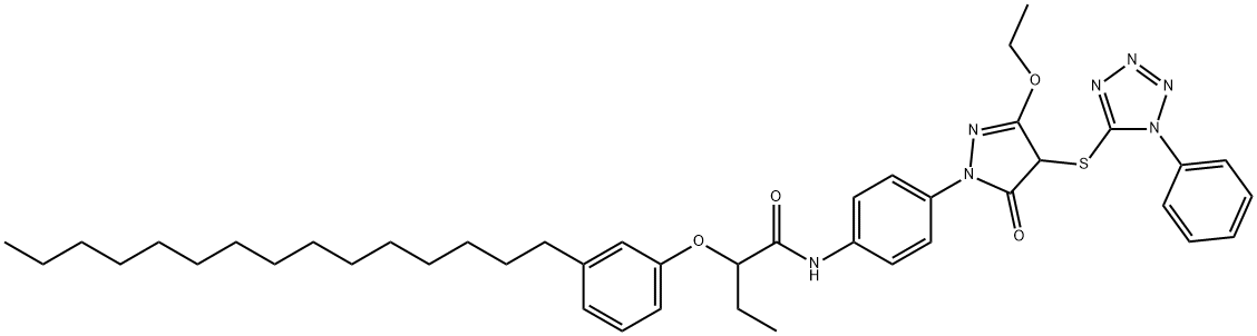 N-[4-[[3-エトキシ-4,5-ジヒドロ-5-オキソ-4-[(1-フェニル-1H-テトラゾール-5-イル)チオ]-1H-ピラゾール]-1-イル]フェニル]-2-(3-ペンタデシルフェノキシ)ブタンアミド 化学構造式