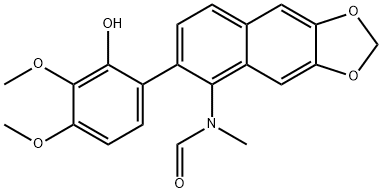 N-[6-(2-ヒドロキシ-3,4-ジメトキシフェニル)ナフト[2,3-d]-1,3-ジオキソール-5-イル]-N-メチルホルムアミド 化学構造式