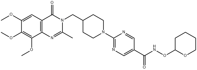 5-Pyrimidinecarboxamide,  N-[(tetrahydro-2H-pyran-2-yl)oxy]-2-[4-[(6,7,8-trimethoxy-2-methyl-4-oxo-3(4H)-quinazolinyl)methyl]-1-piperidinyl]- Struktur