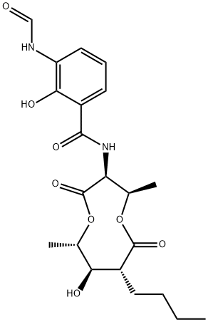 N-[(3S,4R,7R,8R,9S)-4,9-Dimethyl-2,6-dioxo-7-butyl-8-hydroxy-1,5-dioxonane-3-yl]-3-(formylamino)-2-hydroxybenzamide Structure