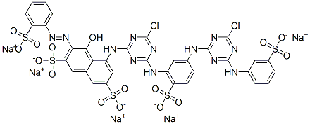 5-[[4-クロロ-6-[[3-[[4-クロロ-6-[(3-スルホフェニル)アミノ]-1,3,5-トリアジン-2-イル]アミノ]-6-スルホフェニル]アミノ]-1,3,5-トリアジン-2-イル]アミノ]-4-ヒドロキシ-3-[(2-スルホフェニル)アゾ]-2,7-ナフタレンジスルホン酸ペンタナトリウム 化学構造式