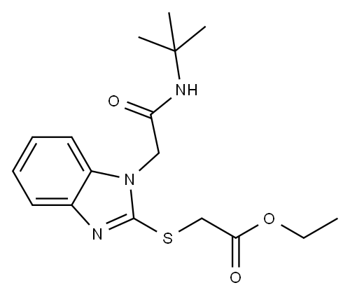 Acetic acid, [[1-[2-[(1,1-dimethylethyl)amino]-2-oxoethyl]-1H-benzimidazol-2-yl]thio]-, ethyl ester (9CI) Structure